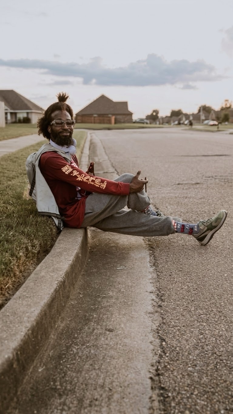 Quentin Ratliff sitting on a curb along a neighborhood street in Olive Branch, smiling toward the camera.